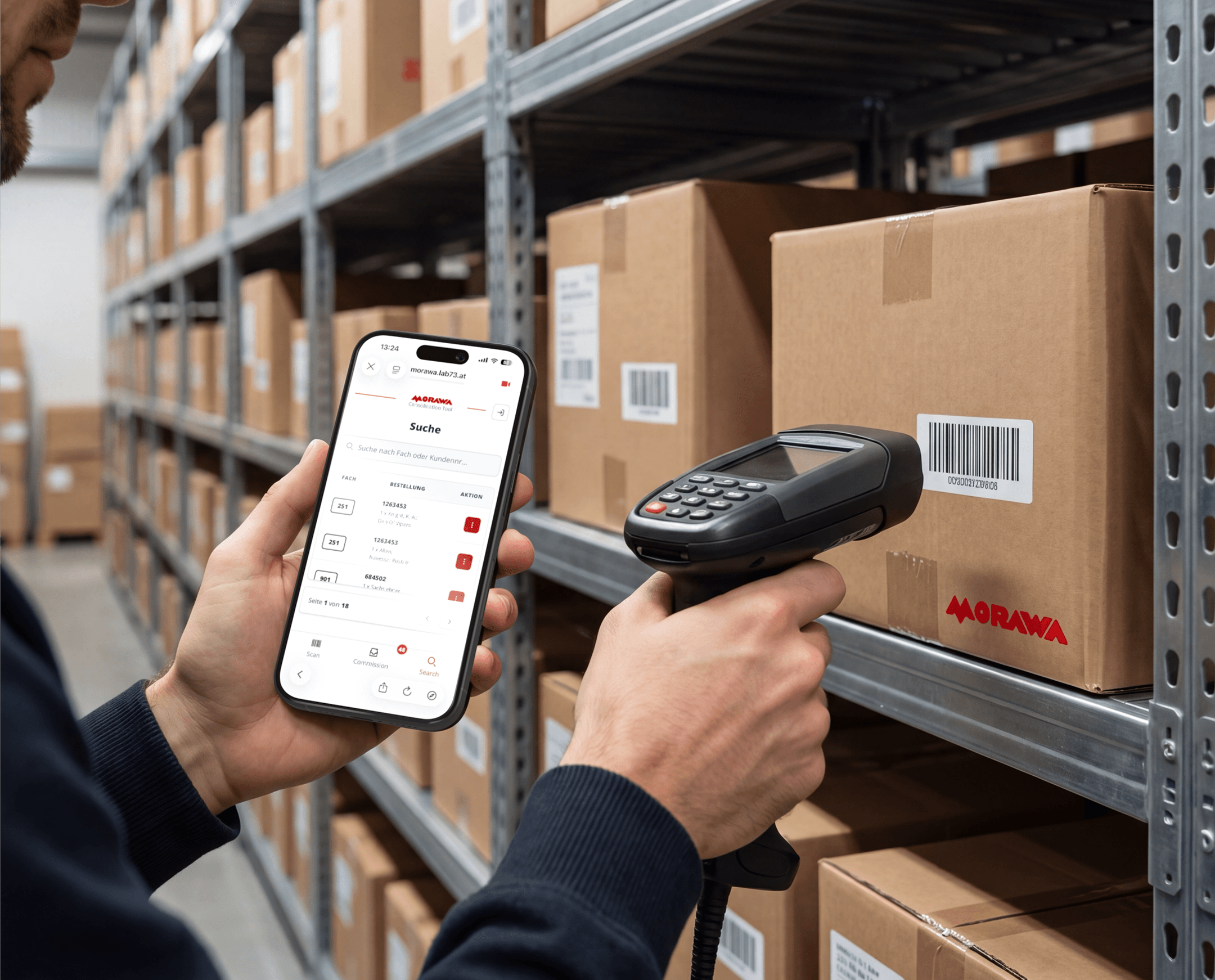 Morawa Konsolidierung App im Einsatz mit Bluetooth-Laser-Scanner